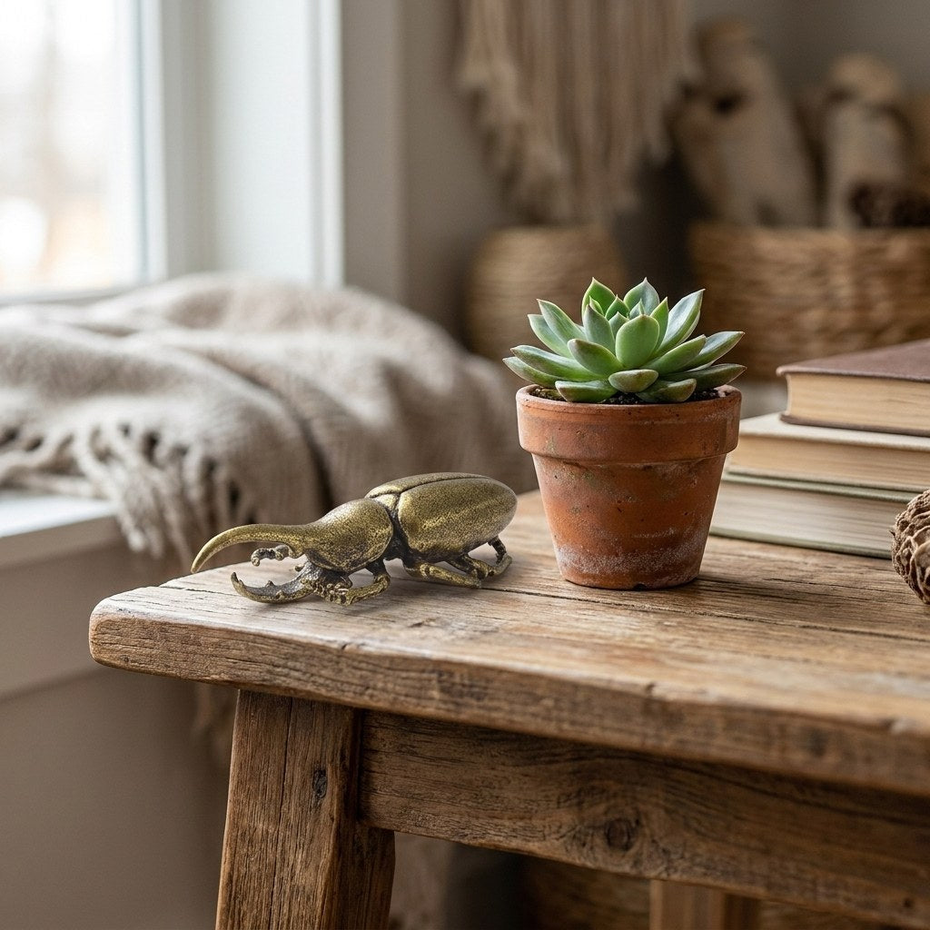 Brass beetle ornament on a console table with a succulent, Kiyo Home