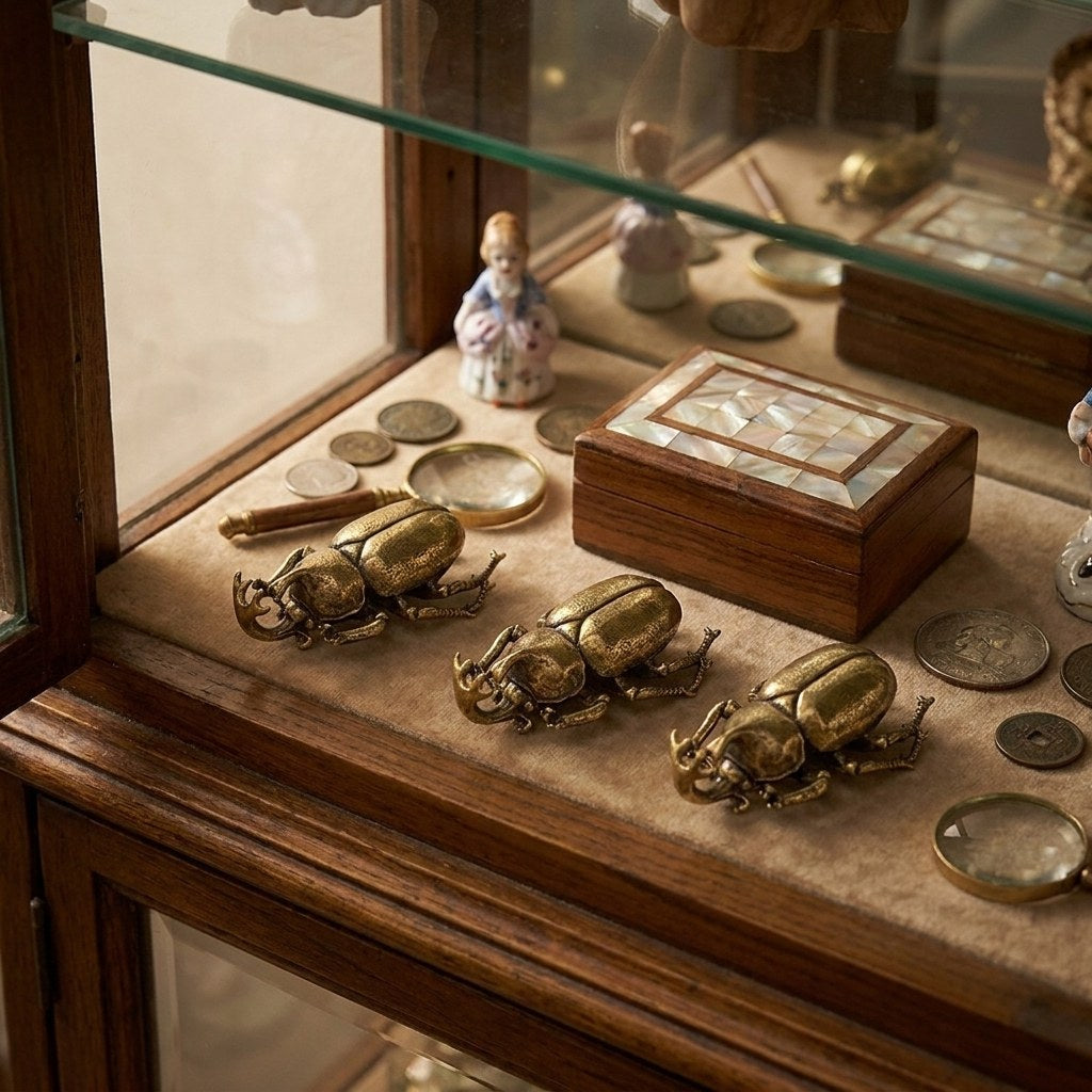 Brass beetle ornaments displayed in a glass curio case, Kiyo Home