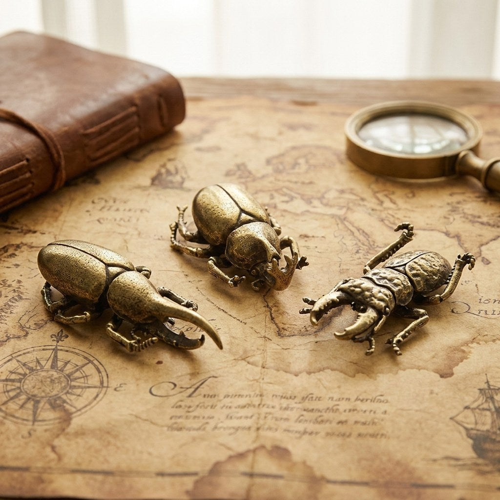 Brass beetle ornaments on a vintage map with a compass, Kiyo Home
