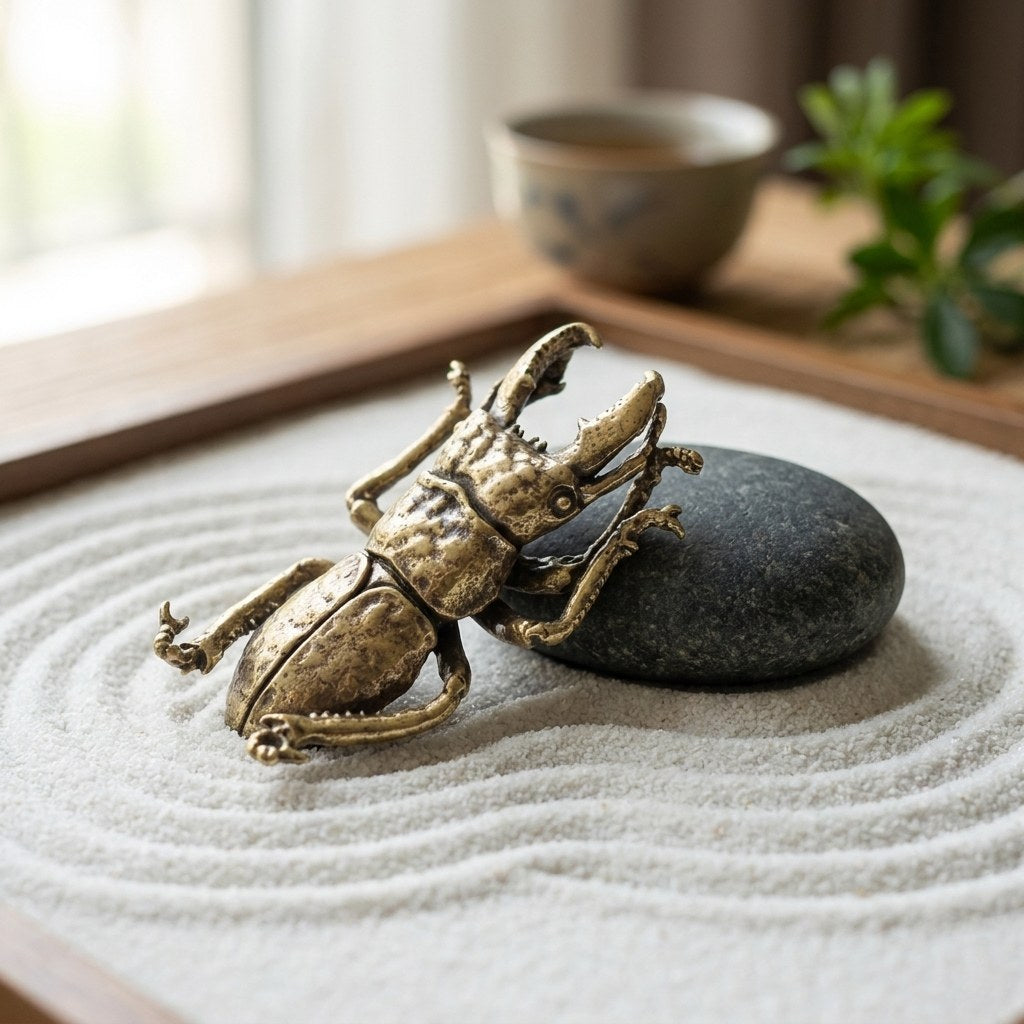 Brass beetle ornament on a zen sand garden with a stone, Kiyo Home