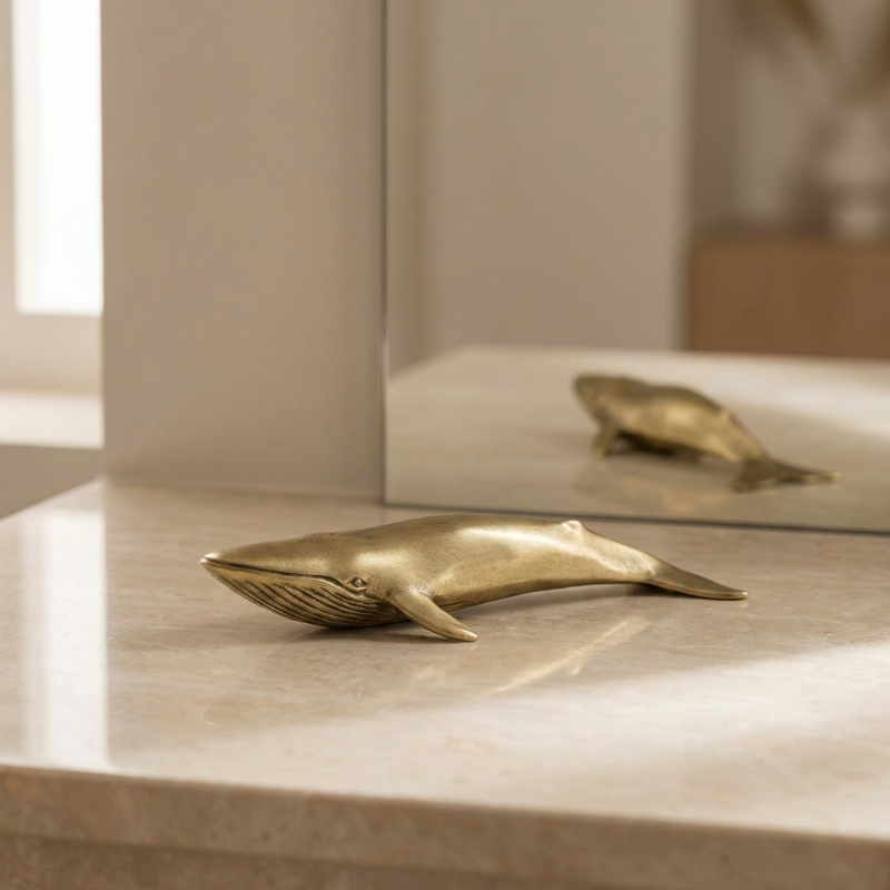 Brass blue whale figurine styled on stone ledge
