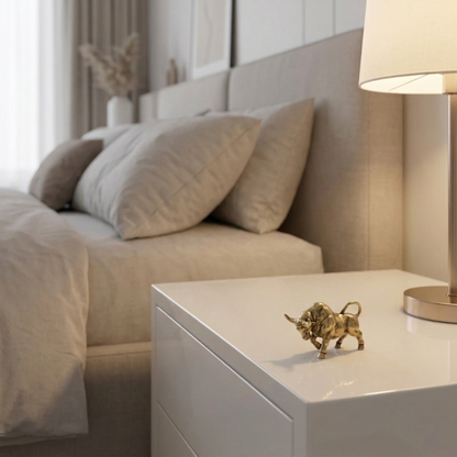 Gold bull figurine on a nightstand next to a bed with pillows and a lamp.