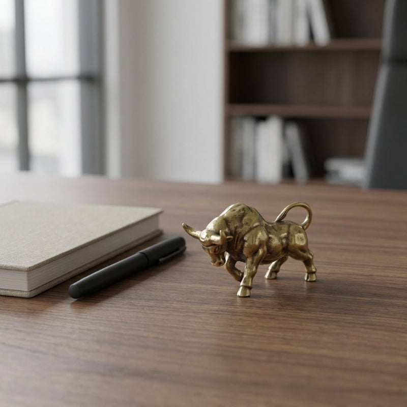 Brass bull figurine on modern office desk