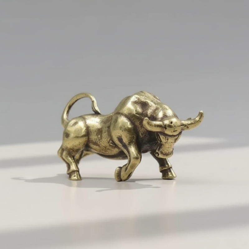 Solid brass bull figurine front view, modern decorative sculpture for shelves and desks from Kiyo Home.