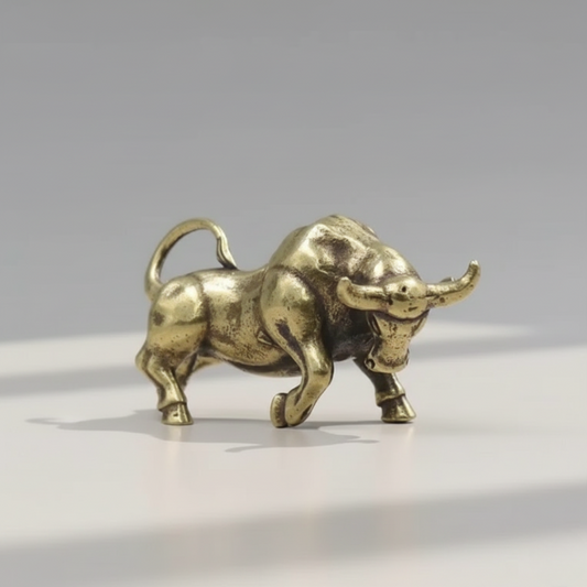 Solid brass bull figurine front view, modern decorative sculpture for shelves and desks from Kiyo Home.