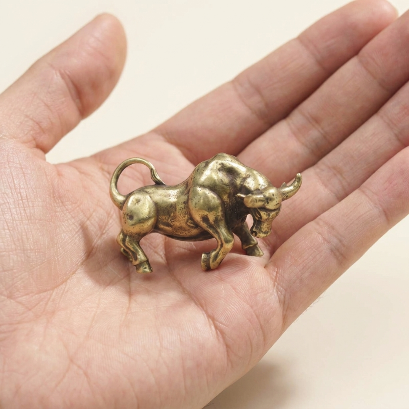 Small brass bull figurine held in a hand against a neutral background
