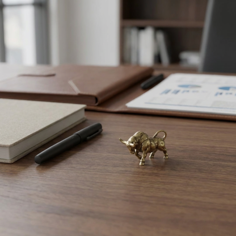 Small brass bull figurine on a wooden desk with office items in the background