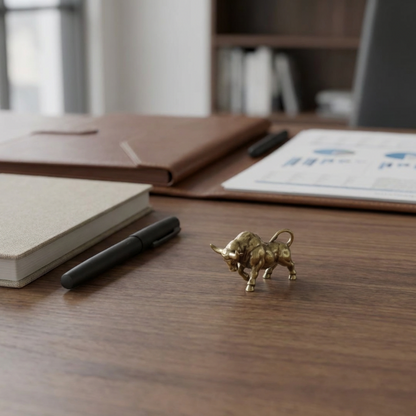 Small brass bull figurine on a wooden desk with office items in the background