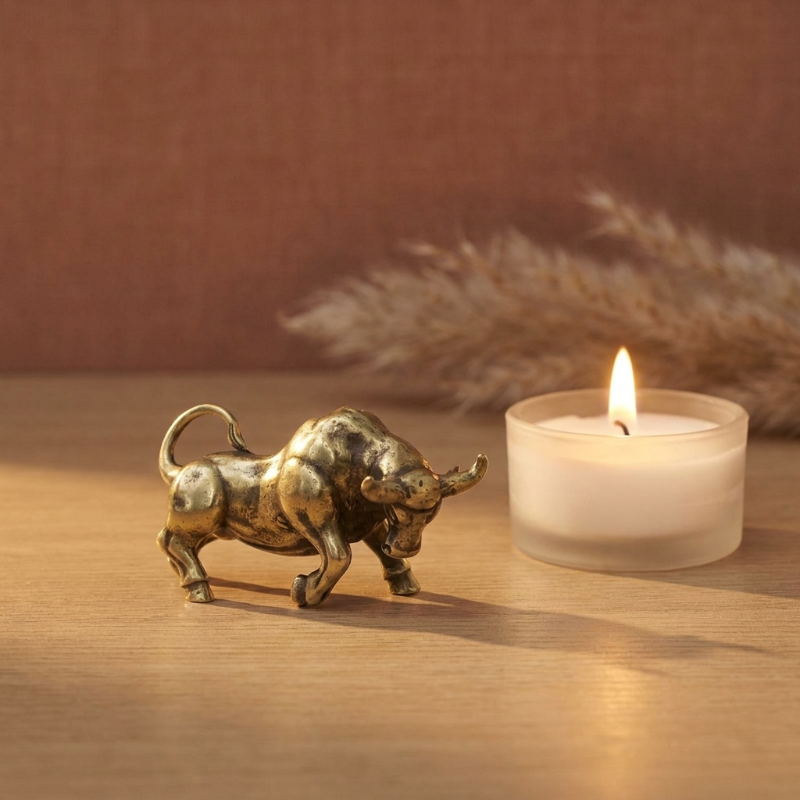 Brass bull figurine next to a lit candle on a wooden surface with a blurred background