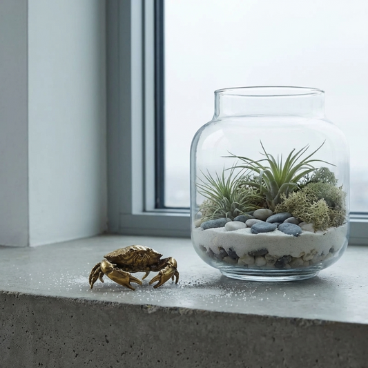 Glass jar with a terrarium and decorative crab on a windowsill.