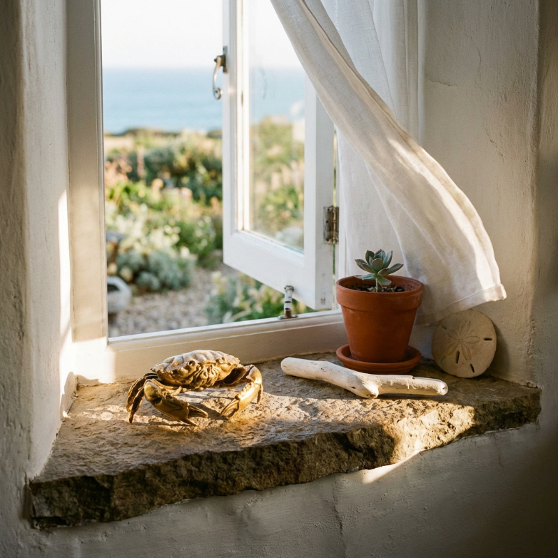 Decorative window sill with a crab sculpture, plant, and seashells with a view of a garden and ocean.