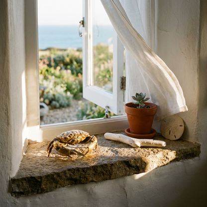Decorative window sill with a crab sculpture, plant, and seashells with a view of a garden and ocean.