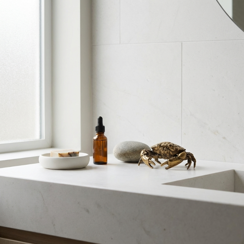 Crab on a marble surface with a bottle and rock nearby, near a window.