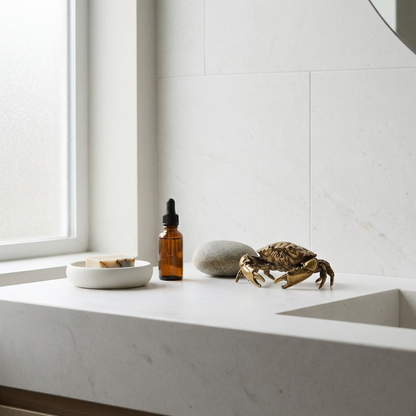 Crab on a marble surface with a bottle and rock nearby, near a window.