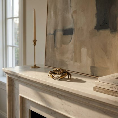 Decorative mantelpiece with a candle, crab sculpture, and books in a room with abstract art on the wall.