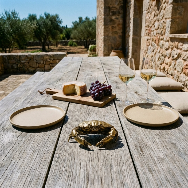 Outdoor setting with a wooden table, wine glasses, cheese, grapes, and a crab decoration.