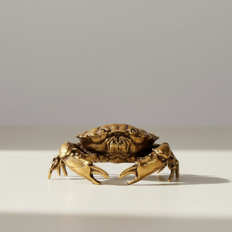 Solid brass crab figurine on tabletop for coastal home décor