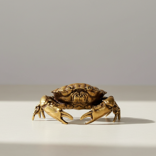 Solid brass crab figurine on tabletop for coastal home décor