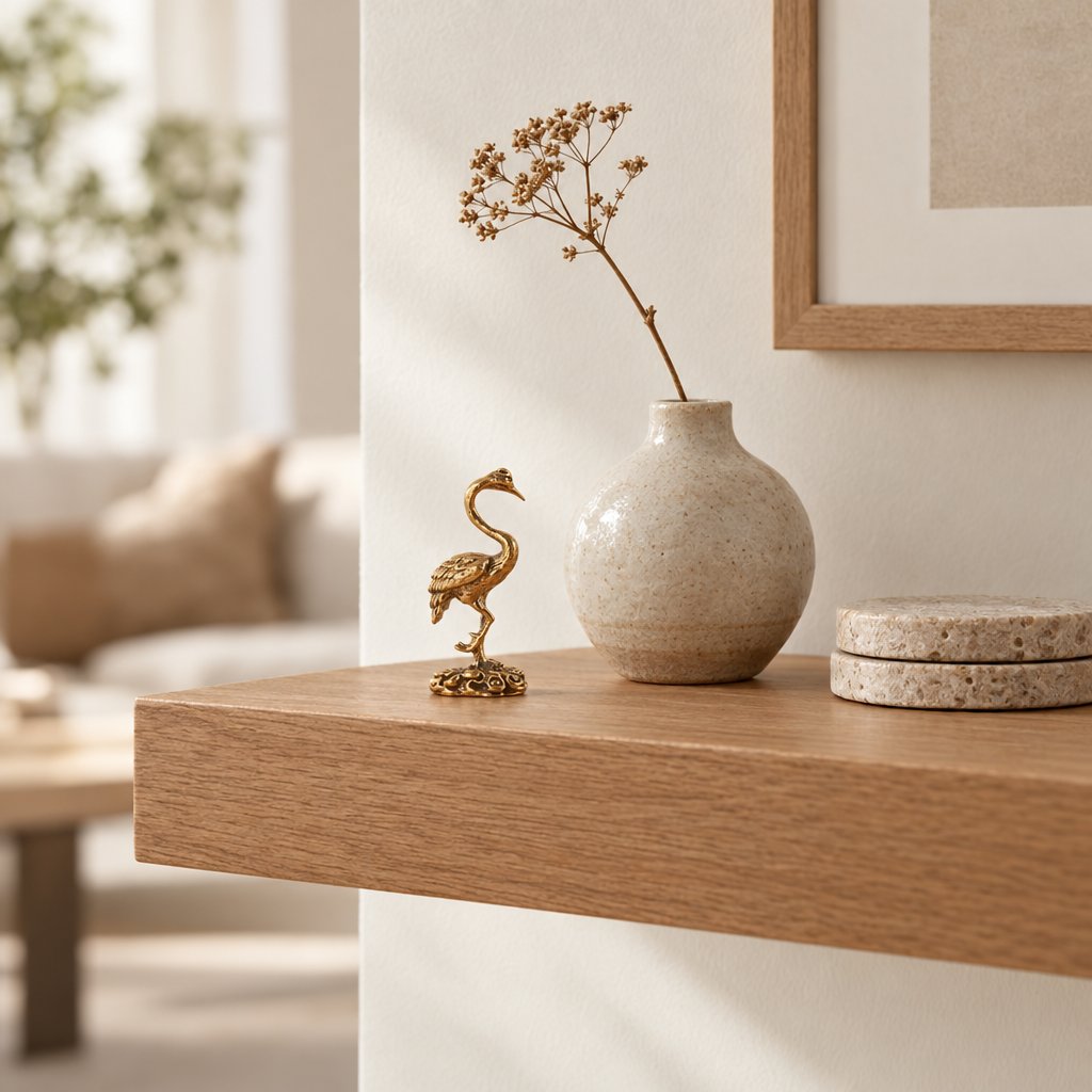 Polished brass crane figurine standing on one leg on a round openwork base on a light oak floating shelf beside a speckled cream bud vase with a dried branch and two stone coasters