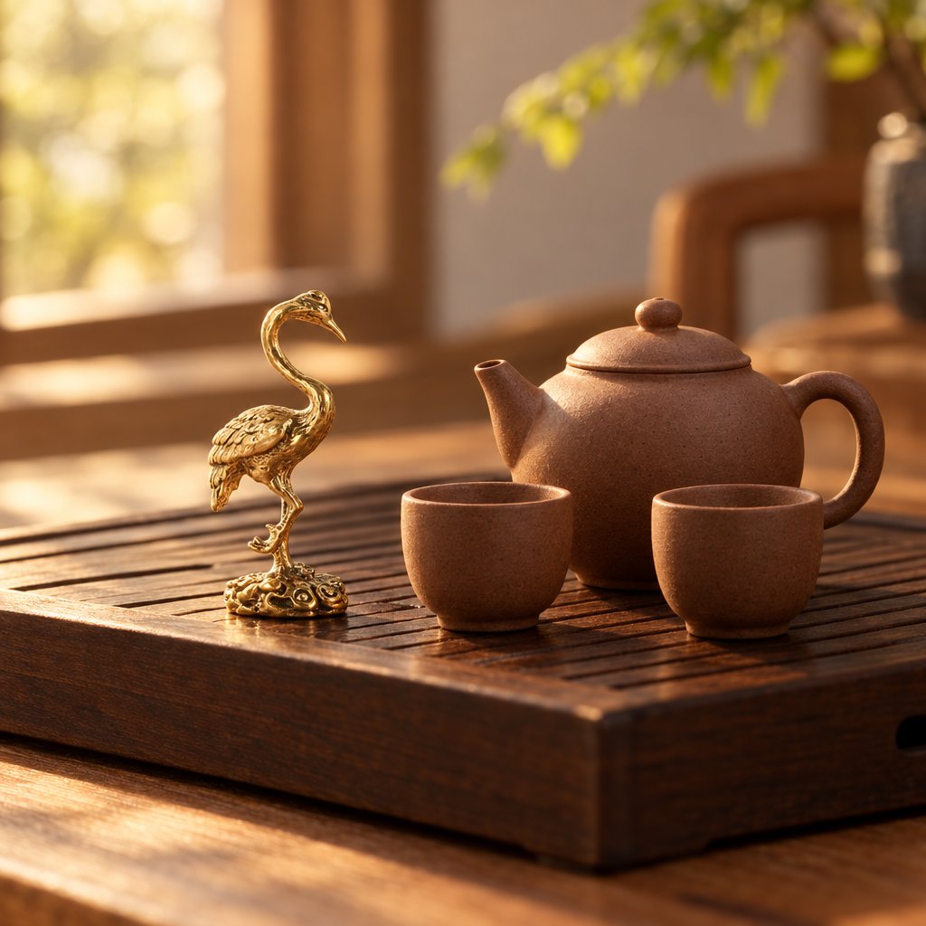 Polished brass crane figurine standing on one leg on a dark slatted wooden tea tray beside a small clay teapot and two clay cups
