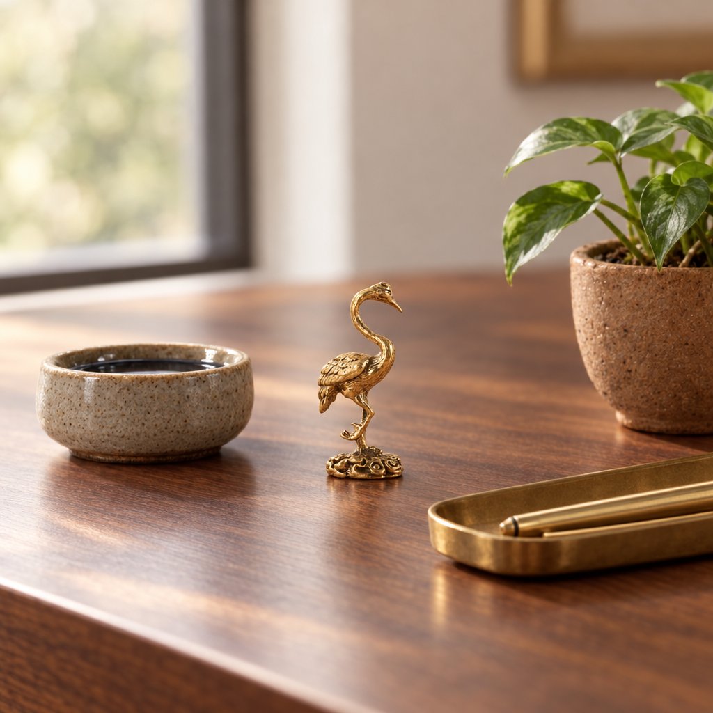 Polished brass crane figurine on a walnut desk beside a small stoneware ink dish, a potted pothos and a brass oval tray with two brass rods