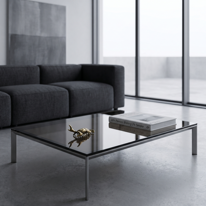 Brass crayfish figurine on glass coffee table in modern interior