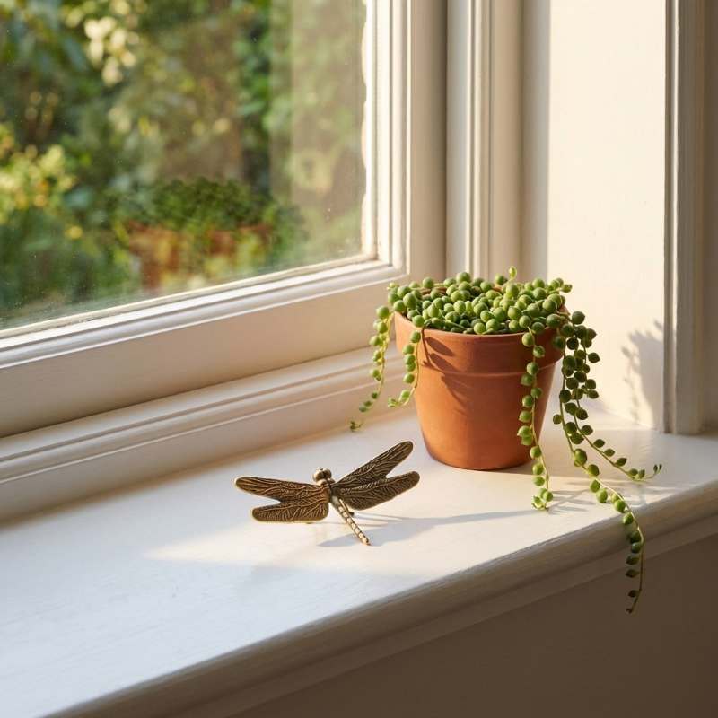 Brass dragonfly figurine on windowsill beside potted plant