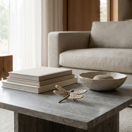 Brass dragonfly figurine styled on stacked books