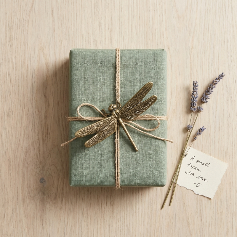 Brass dragonfly figurine tied to wrapped gift box