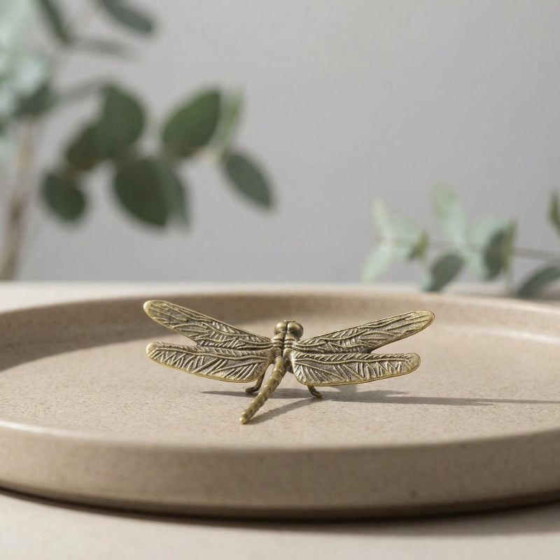 Brass dragonfly-shaped object on a beige plate with a natural background