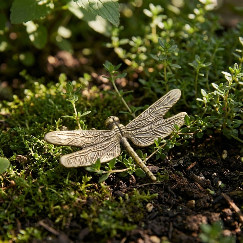 Brass dragonfly figurine on moss in garden setting