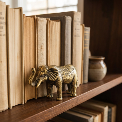 Brass elephant figurine on a shelf with books