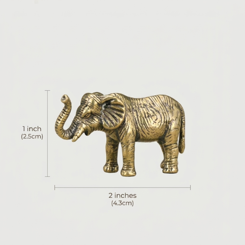 Brass elephant figurine dimensions graphic on white background