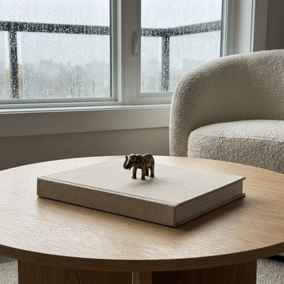 Brass elephant figurine on coffee table with book