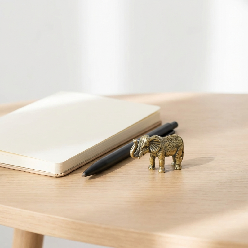 Small brass elephant figurine on a wooden surface with a notebook and pen.