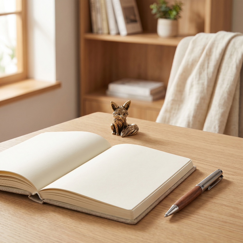 Brass fox figurine styled on a wooden desk beside an open notebook