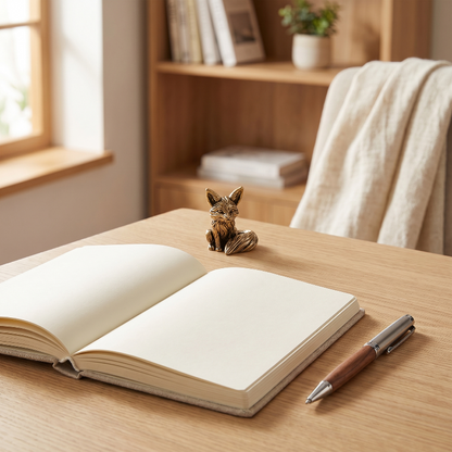 Brass fox figurine styled on a wooden desk beside an open notebook