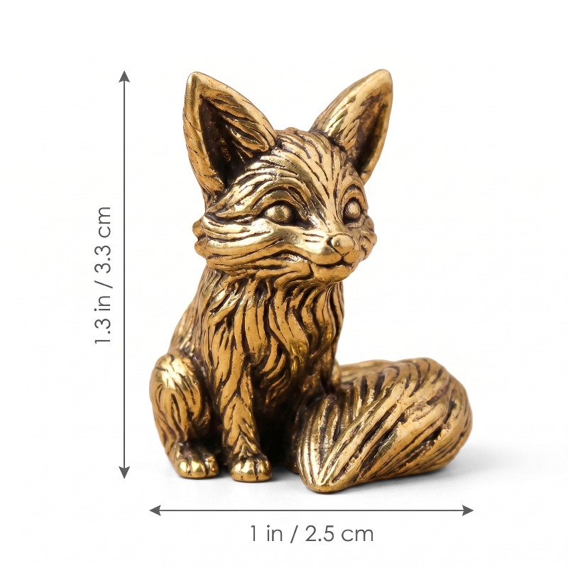 Brass fox figurine dimensions graphic: 1.3 inches tall and 1 inch wide, on white background