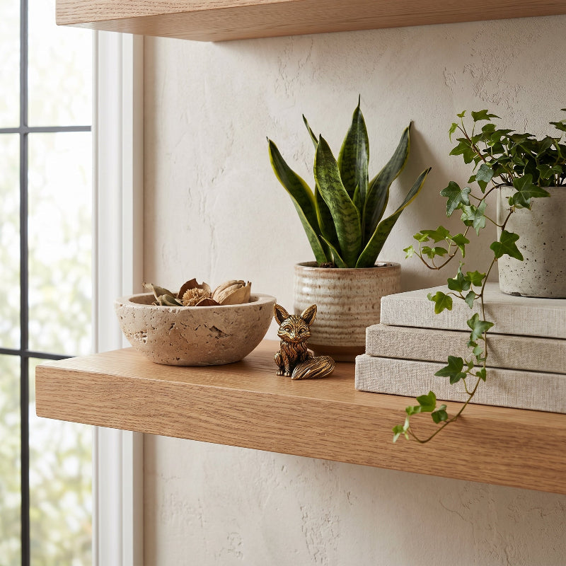 Brass fox figurine on a styled shelving display with neutral home decor