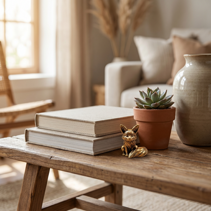 Brass fox figurine styled on a beige tray with a white candle and eucalyptus on a wooden surface