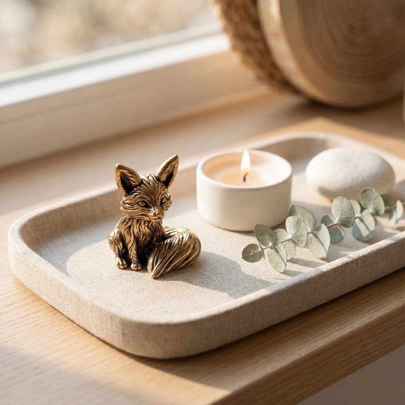 Brass fox figurine with vintage woodland detailing on a clean white background