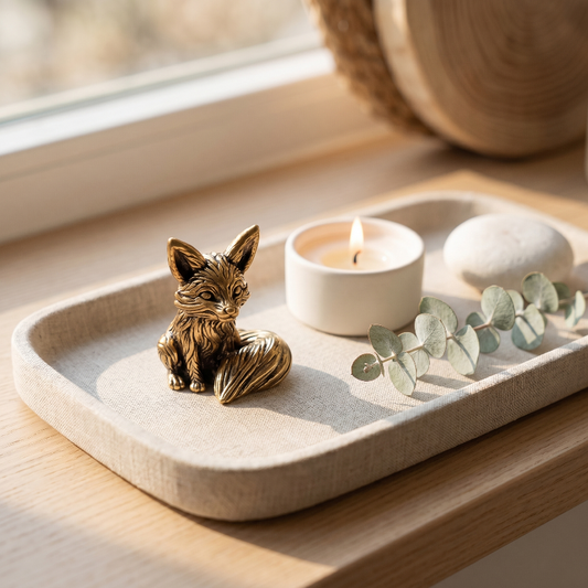 Brass fox figurine with vintage woodland detailing on a clean white background