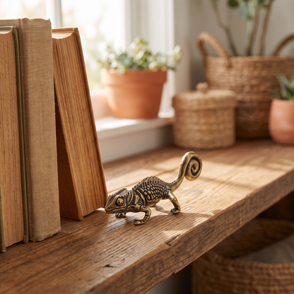 Brass reptile figurine on a windowsill shelf with books