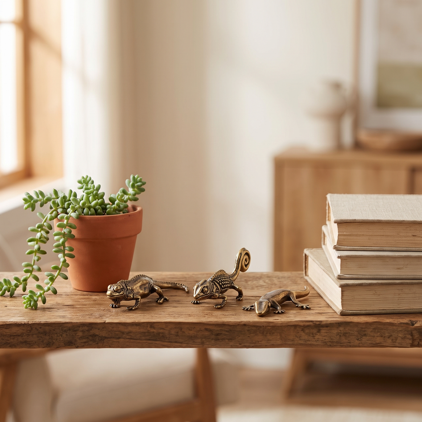 Brass reptile figurines styled on a coffee table with books and a plant