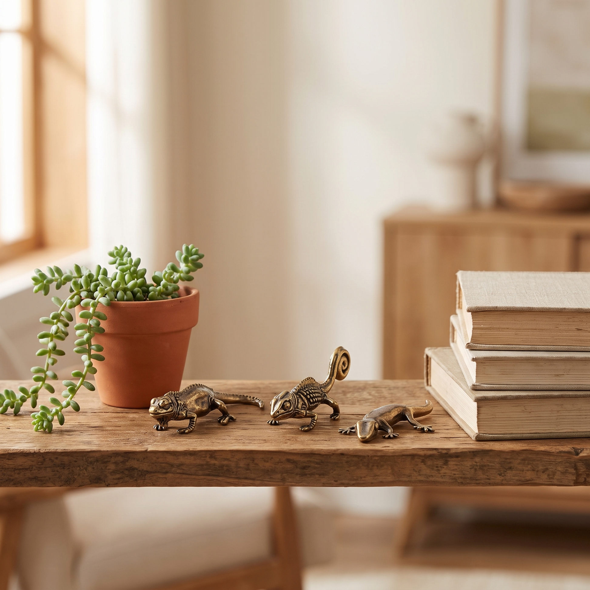 Brass reptile figurines styled on a coffee table with books and a plant
