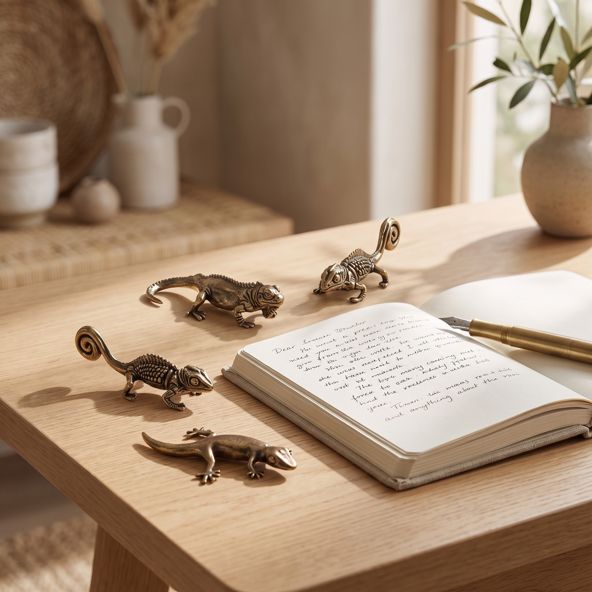 Brass reptile figurines on a desk beside an open notebook