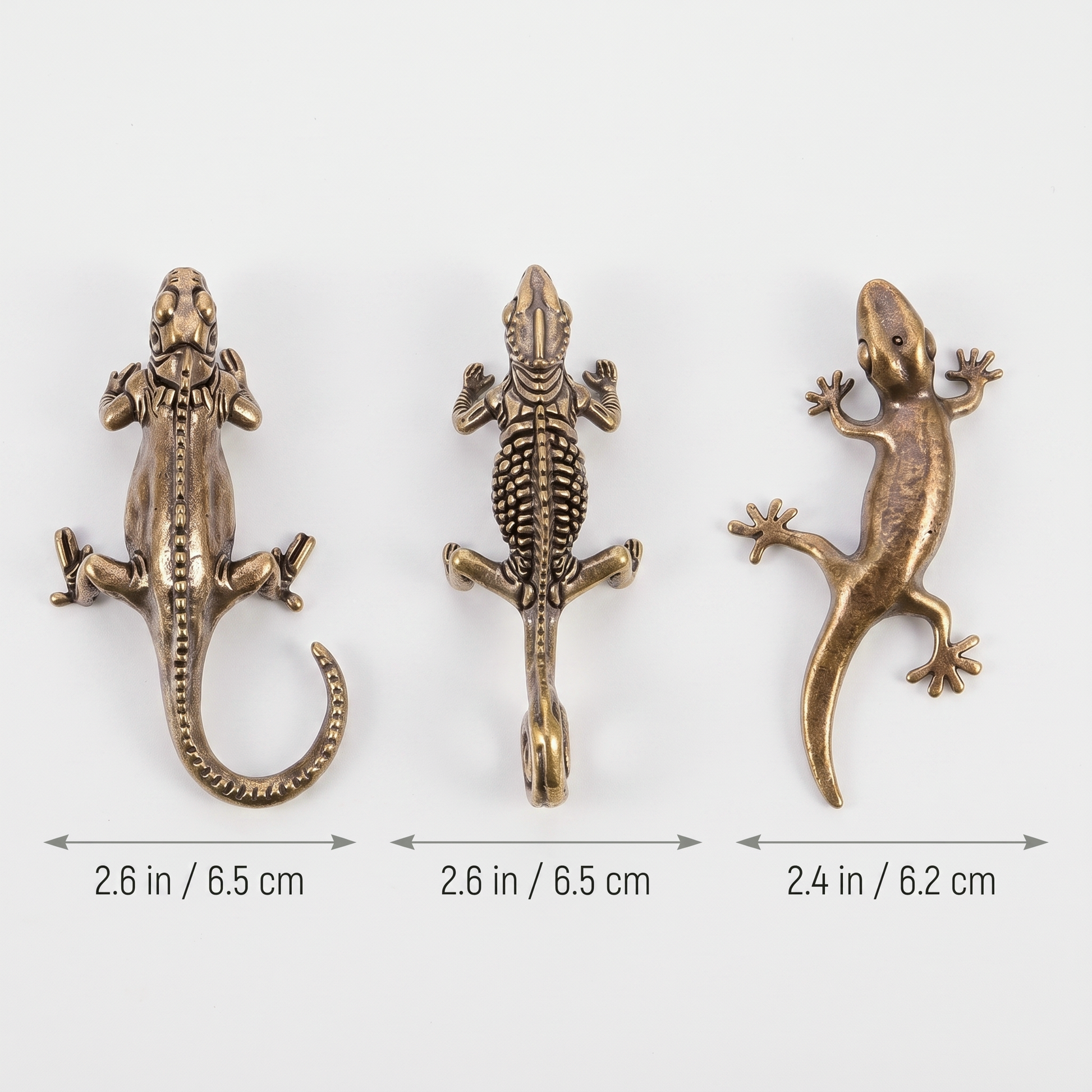 Brass reptile figurine dimensions: chameleon 2.6 in, iguana 2.6 in, gecko 2.4 in