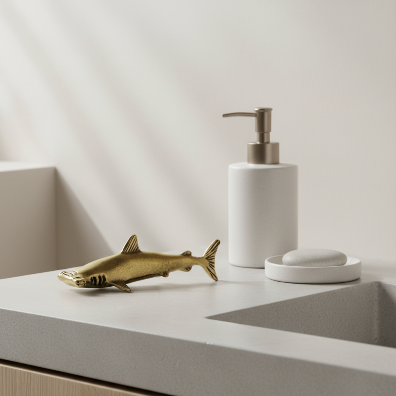 Brass hammerhead shark sculpture with polished finish