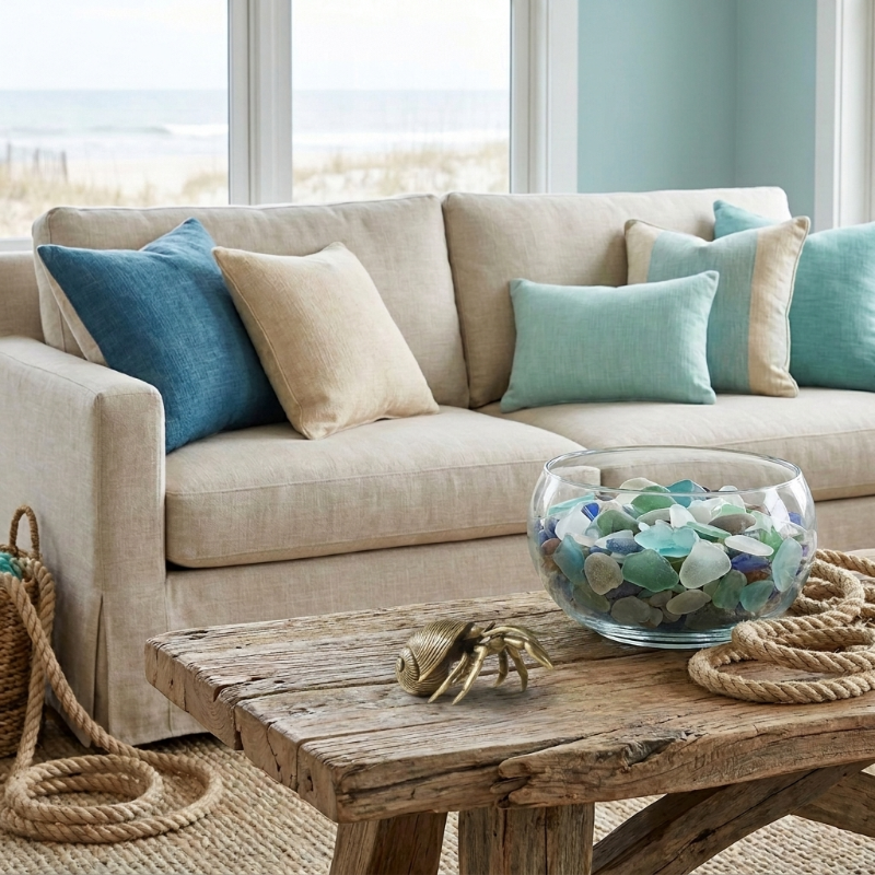 Brass hermit crab on a wooden table with coastal decor.