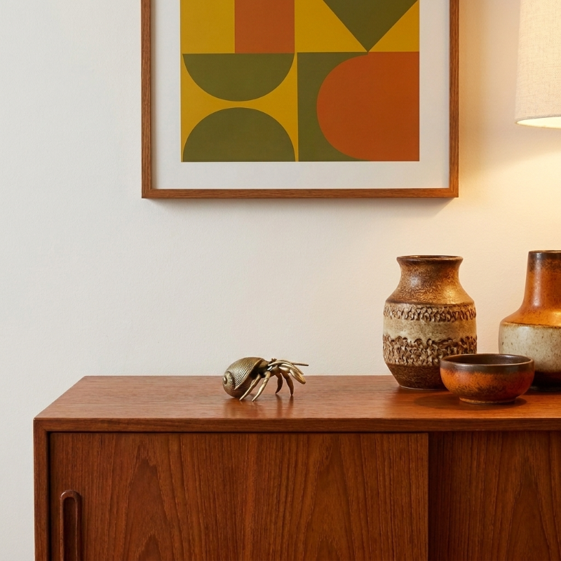 Brass hermit crab on a wooden console table in living room.